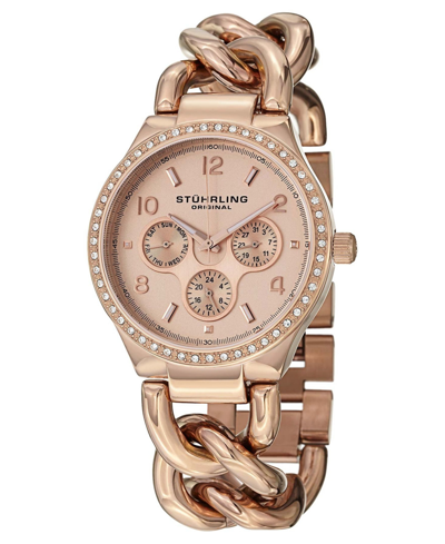 Stuhrling Original Stainless Steel Rose Tone Case On Chain Bracelet, Rose Tone Dial, Cubic Zirconia Crystal St In Blush