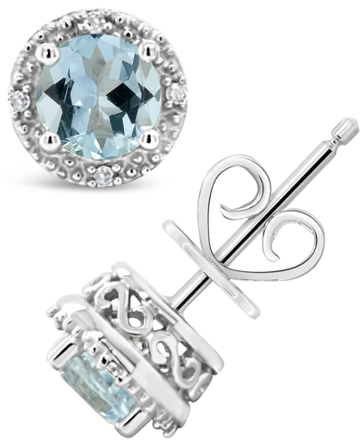 Macy's Gemstone (6mm) And Diamond Accent Stud Earrings In Sterling Silver In Aquamarine