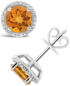 Macy's Round-cut Gemstone And Diamond (1/6 Ct. T.w.) Stud Earrings In Sterling Silver In Orange