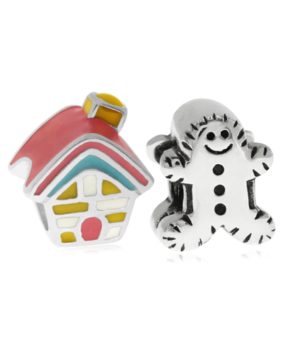Rhona Sutton 4 Kids Children's Enamel House Gingerbread Man Bead Charms - Set Of 2 In Sterling Silver In Assorted