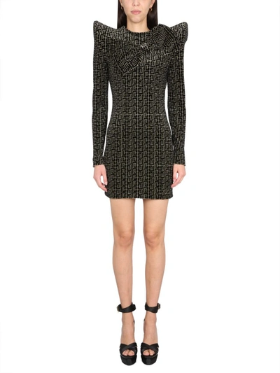 Balmain Structured Dress With Knotted Collar In Monogrammed Jacquard In Black