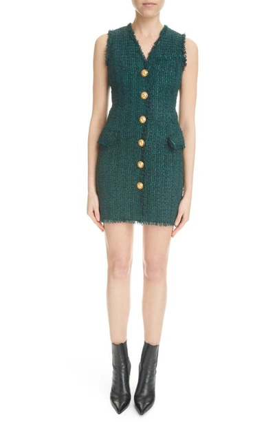 Balmain Button-embellished Tweed Mini Dress In Green