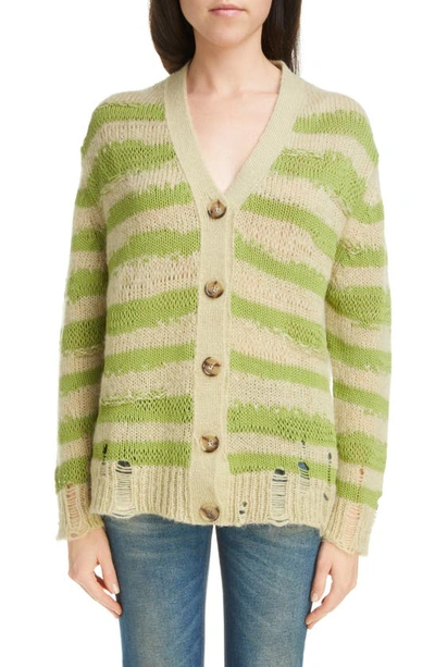 Acne Studios Koliva Distressed Stripe Cotton & Mohair Blend Cardigan In Sage_green_apple_green