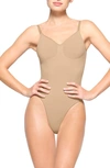Skims Beige Seamless Sculpt Deep Plunge Thong Bodysuit In Clay