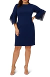 Adrianna Papell Tiered Sleeve Crepe Dress In Navy Sateen