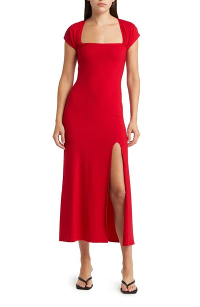 Reformation Bridgton Off-shoulder Linen Midi Dress In Cherry