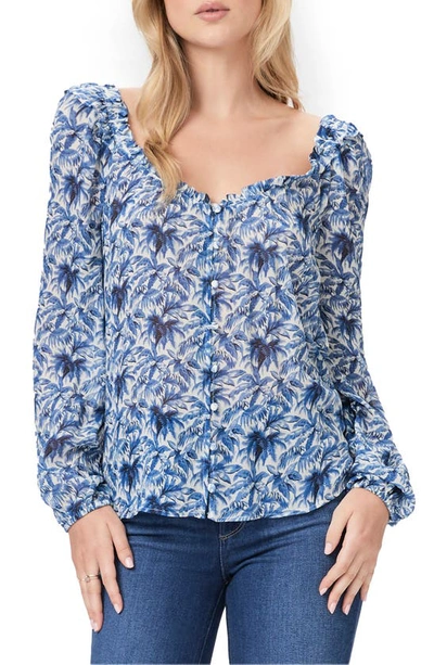 Paige Myla Palm-print Relaxed-fit Silk Blouse In White/ Ultramarine