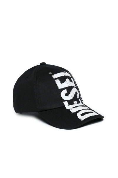 Diesel Kids' Gabardine Baseball Cap With Watercolor Effect Logo In Black