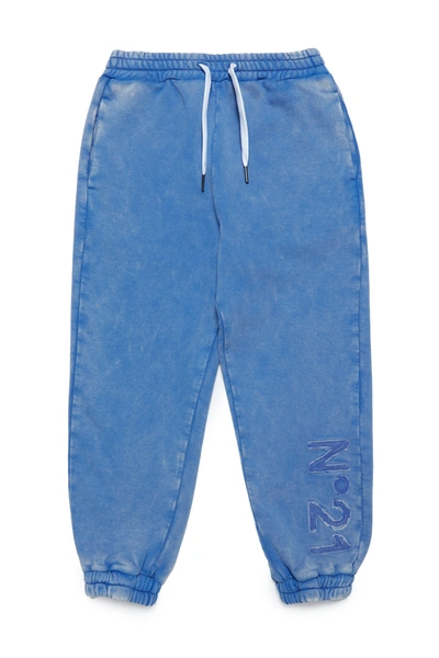 N°21 Kids' Logo刺绣褪色运动裤 In Blue