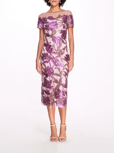 Marchesa Lotus Sequin Cap-sleeved Pencil Dress In Purple/mauve