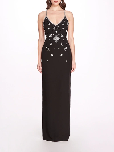 Marchesa Scattered Crystal Column Gown In Black