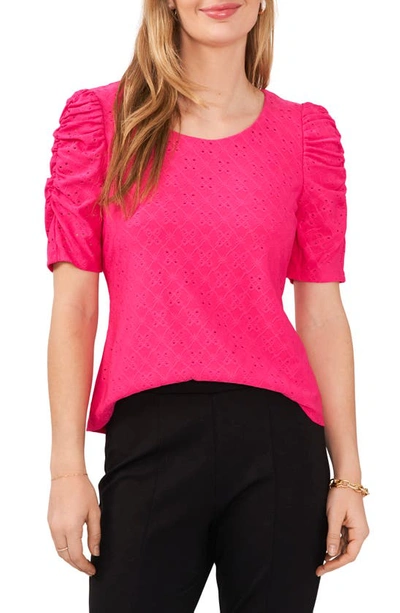 Chaus Embroidered Eyelet Ruched Sleeve Top In Bright Rose