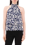 Chaus Medallion Print Smocked Halter Neck Blouse In Navy/ White