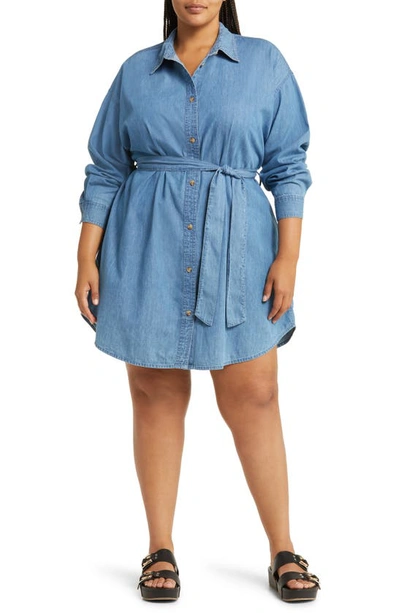 Asos Design Curve Long Sleeve Denim Minidress In Medium Blue