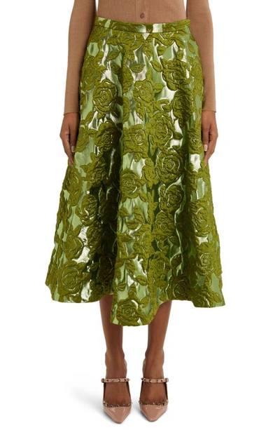 Valentino Rose-brocade Midi Skirt In Green
