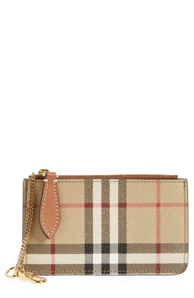 Burberry Kelbrook Check Canvas & Leather Card Case With Key Ring In Archive Beige/ Briar Brown