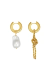 CLASSICHARMS UNIQUE ASYMMETRICAL GOLD ROPE CHAIN BAROQUE PEARL DROP EARRINGS