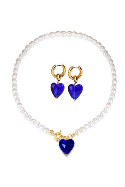 Classicharms Esmée Blue Glaze Heart Pendant Pearl Necklace And Earrings Set