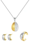 CLASSICHARMS FROSTED AND MATTED TEXTURE TWO TONE PENDANT NECKLACE, EARRINGS AND RING SET