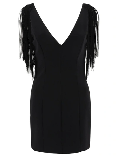 Pinko Fringed V-neck Minidress In Nero