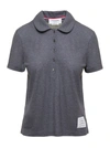 THOM BROWNE GREY POLO SHIRT WITH PETER-PAN COLLAR AND LOGO PATCH IN COTTON WOMAN