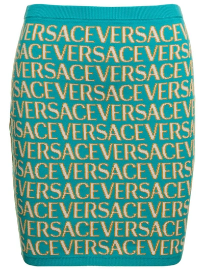 VERSACE LIGHT BLUE MINI SKIRT WITH 'ALL-OVER' JACQUARD MOTIF IN STRETCH COTTON WOMAN