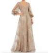 Mac Duggal Embellished Plunge Neck Puff Sleeve A Line Gown In Brown