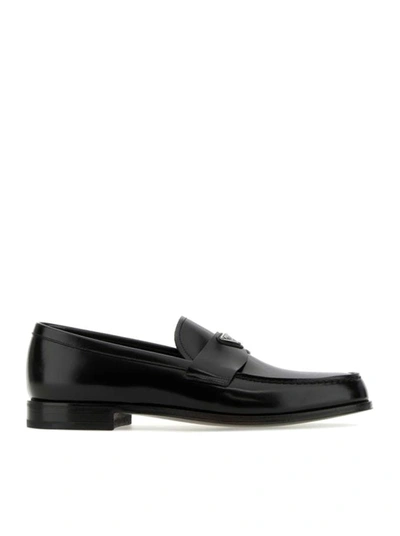 Prada Enamel Triangle-logo Leather Loafers In Black