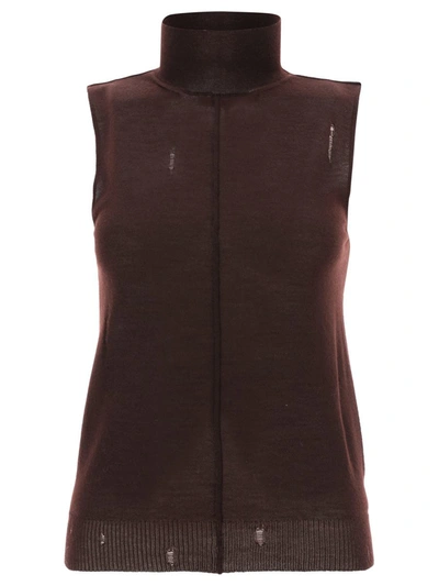Amiri High Neck Distressed Knitted Waistcoat In Brown