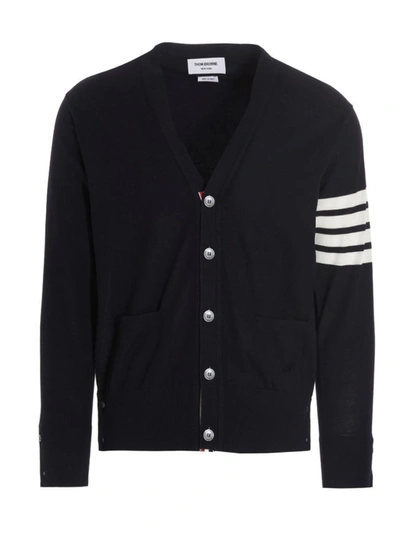 Thom Browne Blue 4-bar Stripe Merino Wool Cardigan In Black