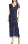 PISARRO NIGHTS BEADED MESH COLUMN GOWN