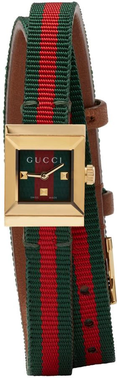 Gucci Gold Square Web Double Wrap G-frame Watch In Green/red