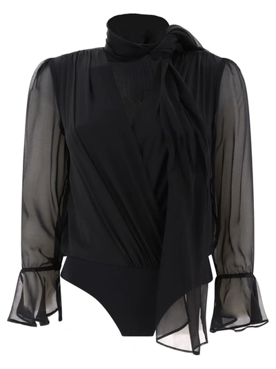Pinko Long-sleeved V-neck Bodysuit In Black