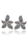 Suzy Levian Floral Sterling Silver White Sapphire Blue Sapphire Brown Diamond Stud Earrings In Blue