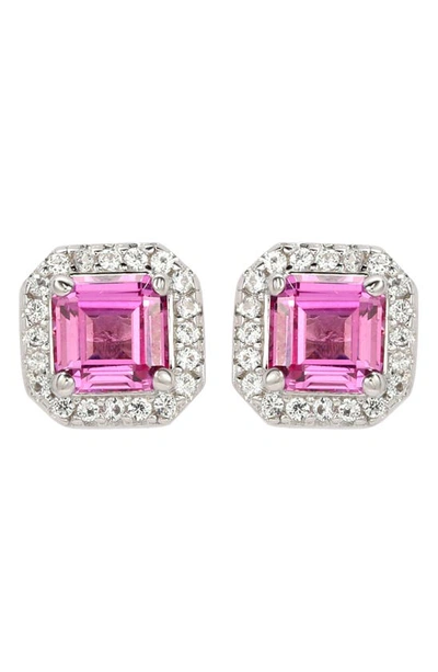 Suzy Levian Sterling Silver Assher Cut Pink Sapphire Halo Stud Earrings