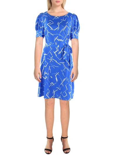 Dkny Womens Satin Printed Fit & Flare Dress In Blue