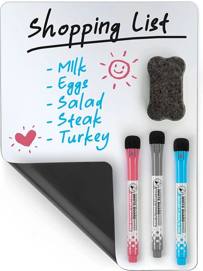 Zulay Kitchen Mini Magnetic Dry Erase Board Sheet With 3 Colored Markers And Eraser For Fridge In White