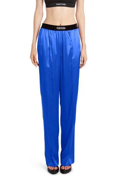 Tom Ford Logo-banded Silk Pj Pants In Blue