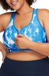 Glamorise Plus Size Full Figure Zip Up Front Closure Sports Wirefree Bra In Blue Tie-dye