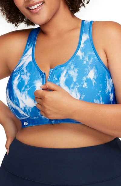 Glamorise Plus Size Full Figure Zip Up Front Closure Sports Wirefree Bra In Blue Tie-dye