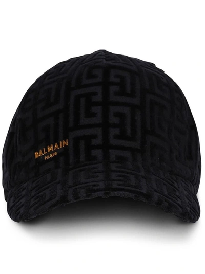 Balmain Monogram Print Cap In Blue