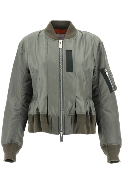 Sacai Khaki Pleated Bomber Jacket In Green