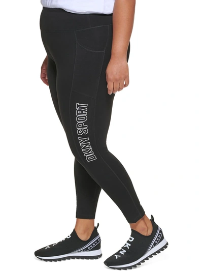 Dkny Sport Plus Womens Metallic Logo Running Athletic Leggings In Black