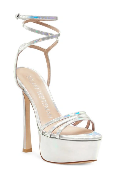 Stuart Weitzman Patent Leather Strappy Platform Sandals In Silver