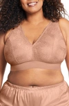 Glamorise Plus Size Full Figure Bramour Lexington Lace Plunge Wireless Bralette In Cappuccino