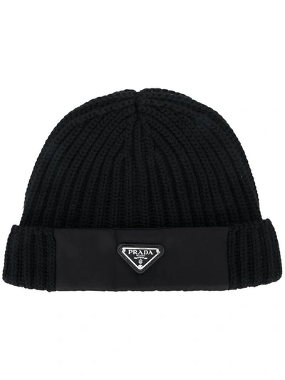 Prada Logo Rib-knit Beanie Hat In Nero