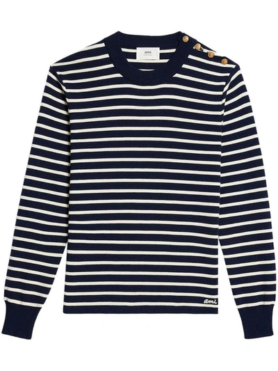 Ami Alexandre Mattiussi Striped Button-shoulder Merino Jumper In White / Blue