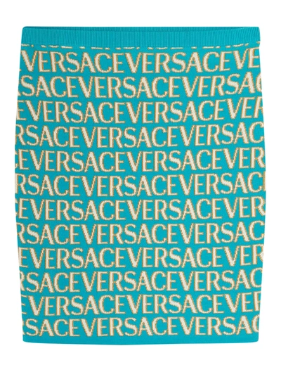 Versace Logo Jacquard Knit High Waist Mini Skirt In Blue