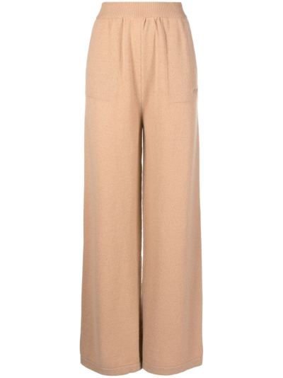 Msgm Embroidered-logo Knit Trousers In Brown