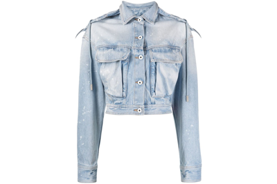 Pre-owned Off-white Distressed Cropped Denim Jacket Light Blue